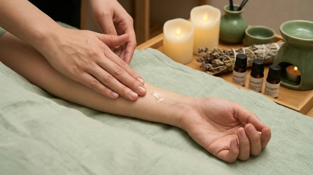 Professional aromatherapy massage therapist providing relaxing treatment in UK